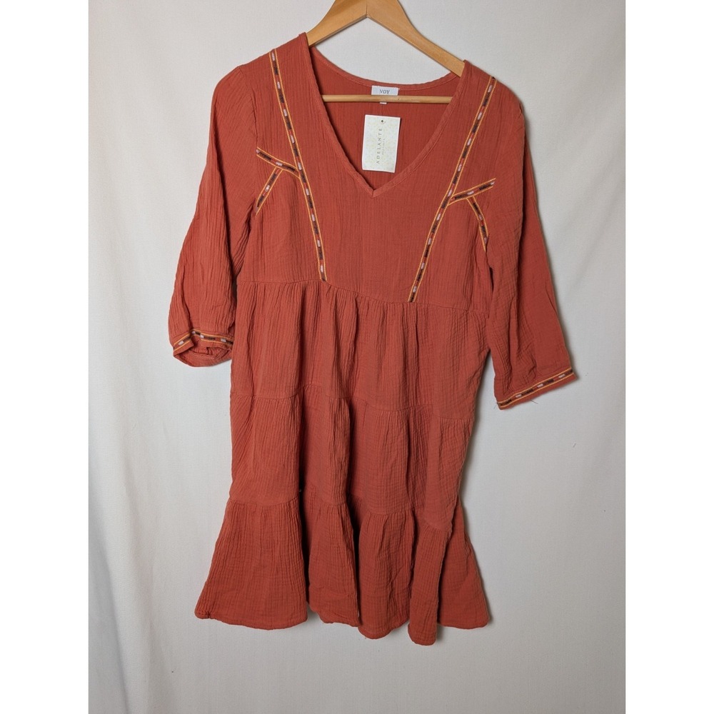 NWT $89 Embroidery Cotton Gauze Rust Color Summer Dress Sz M Tiered Boho Neutral